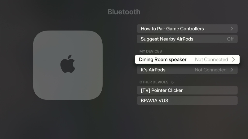 select an external speaker in the Apple TV Bluetooth settings