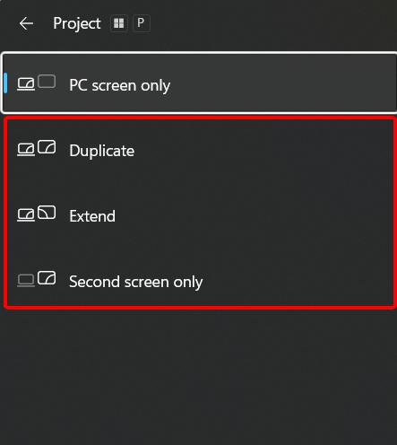 projection modes of a win 11 laptop, 3 last options are highlighted