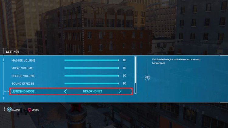 Spider-Man game audio setting changing listening mode to headphones