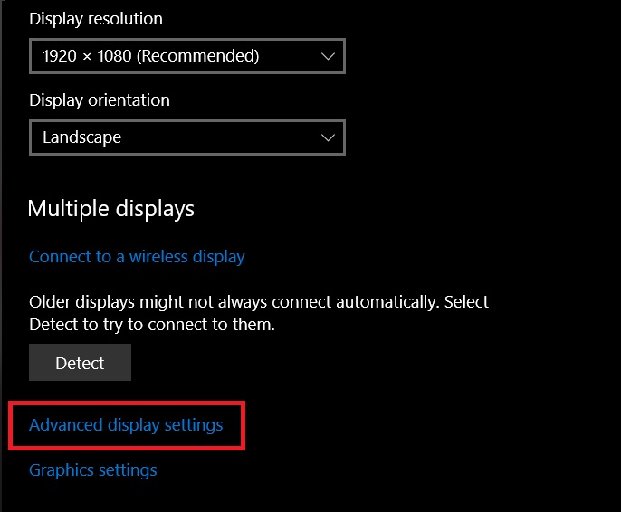 The advanced display settings on Windows 10 is being highlighted
