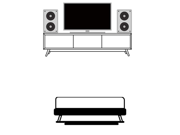 The diagram showing a TV with two speakers on the side with a sofa in front of the TV