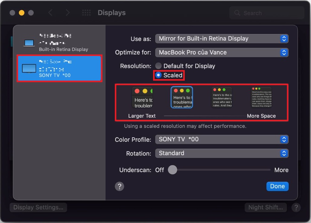 The display settings for Sony TV is showing when the TV is connected to MacBook