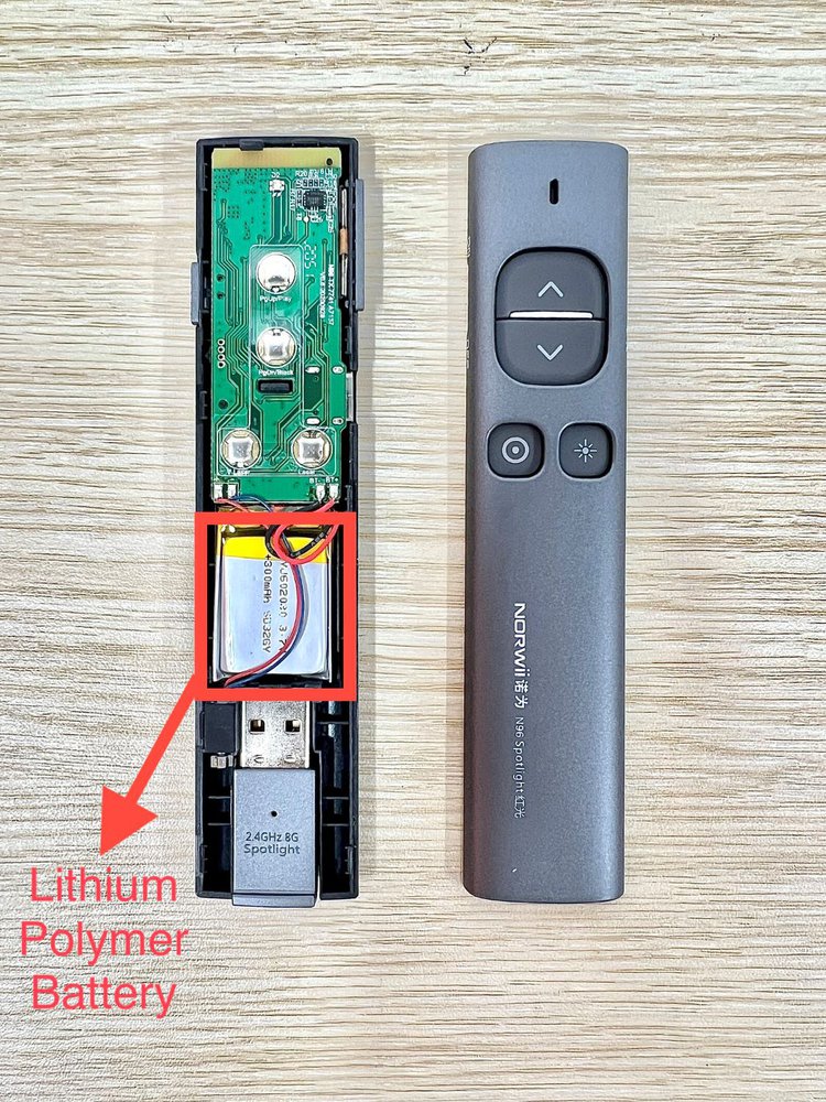a laser pointer is opened to look inside of it, it uses lithium polymer battery