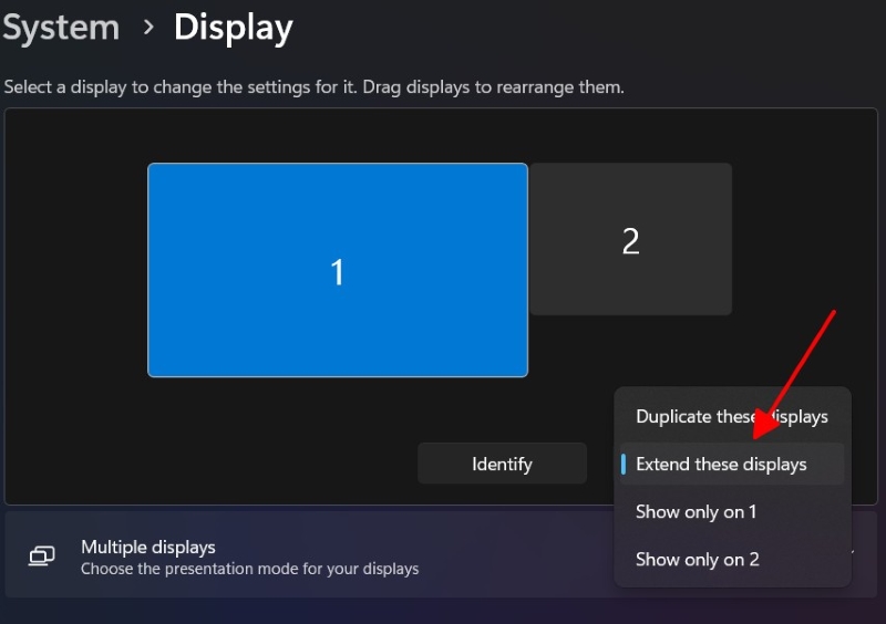 select Extend these displays option on Windows 11 PC