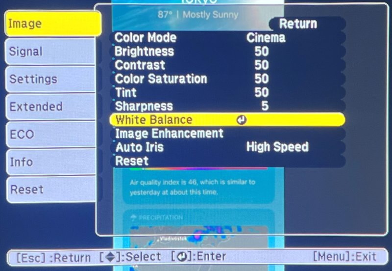 Access the White Balance in Image settings on the Epson menu settings