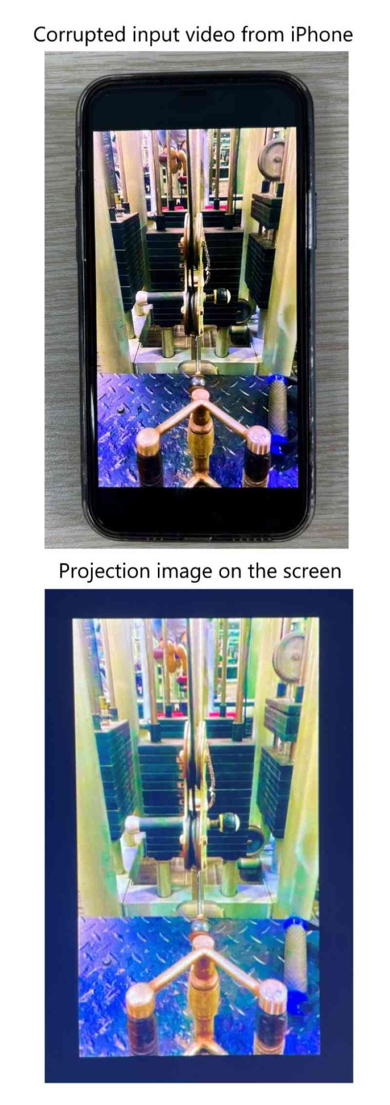 Demonstration of corrupted input video from iPhone and projection image on the screen