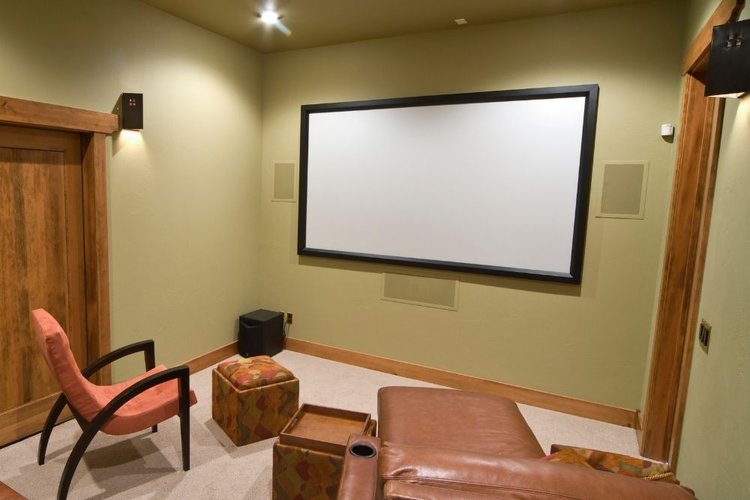 a fixed projector screen in a room