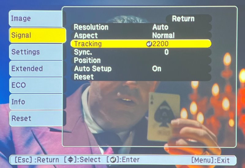 Tracking and Sync settings on the Epson projector