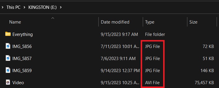 Type of files on the USB flash drive are saving as JPG and AVI