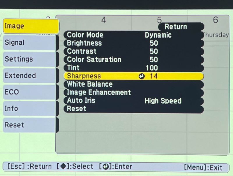 accessing the Sharpness setting on the Epson projector