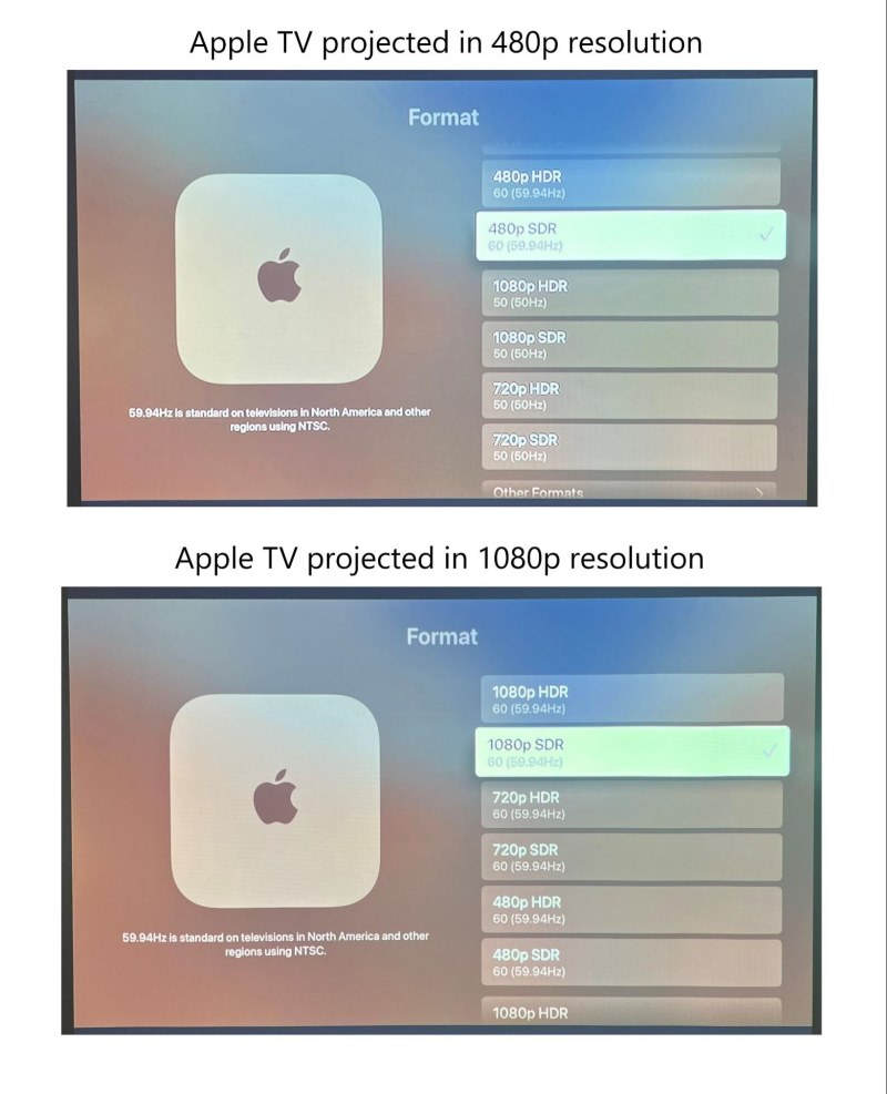 comparison between Apple TV 480p and 1080p resolution setting on Epson projector