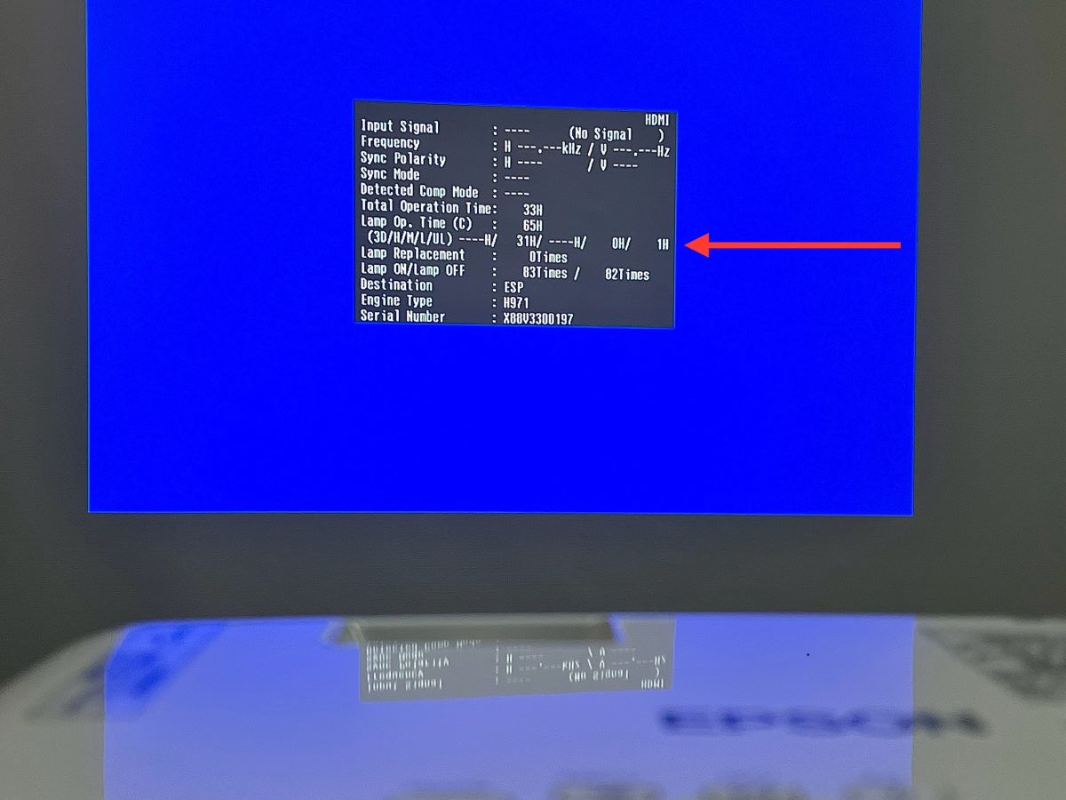 service menu on an epson projector, lamp hours is pointed
