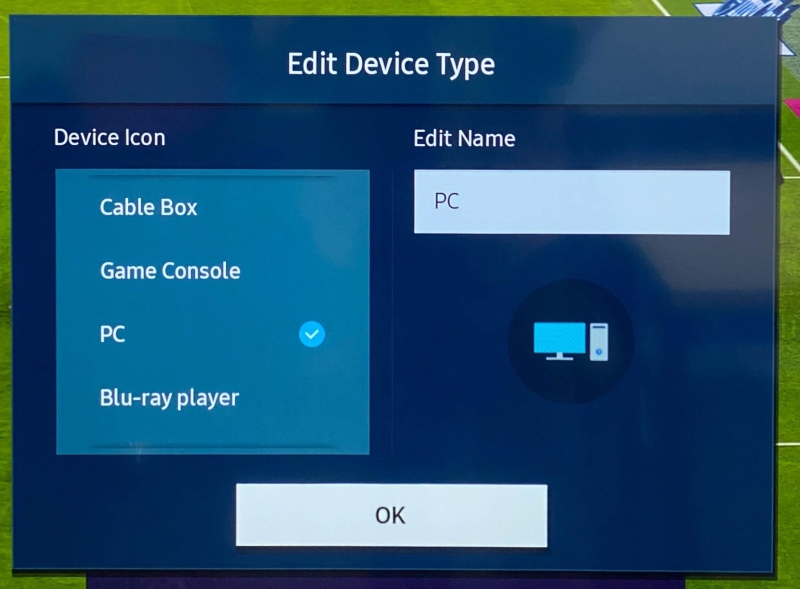 Edit Device Type window for HDMI inputs on Samsung TV