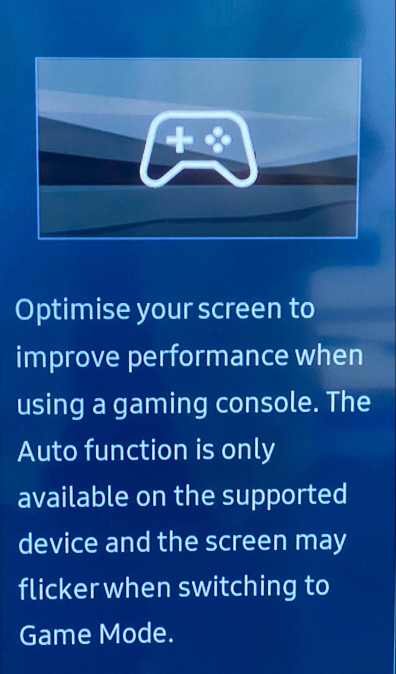 Game Mode description panel on Samsung TV