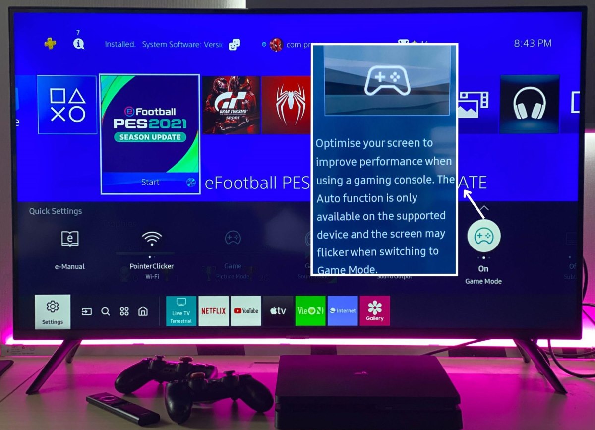 Game Mode is turned on when PS4 is playing on a Samsung TV to reduce HDMI input lag