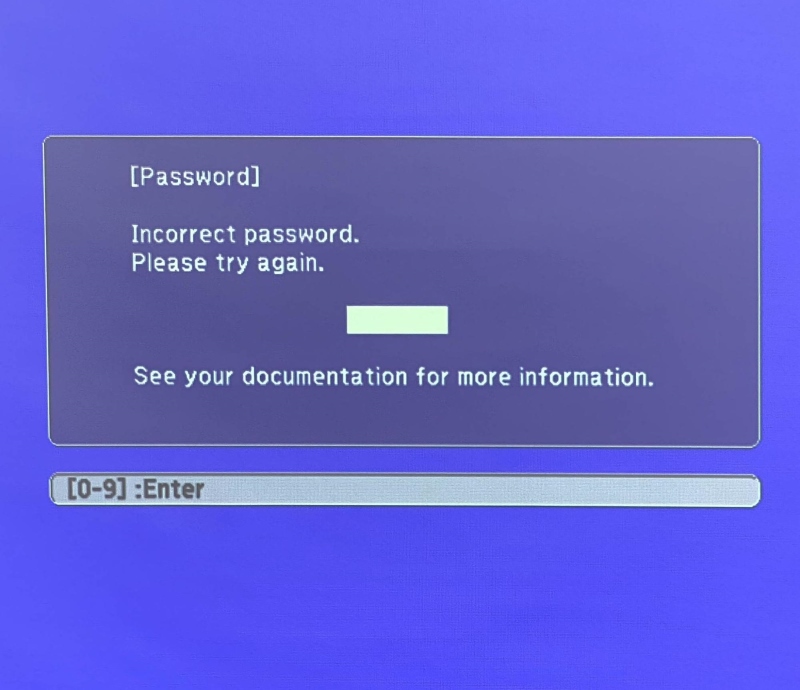 Incorrect password screen of Epson projector