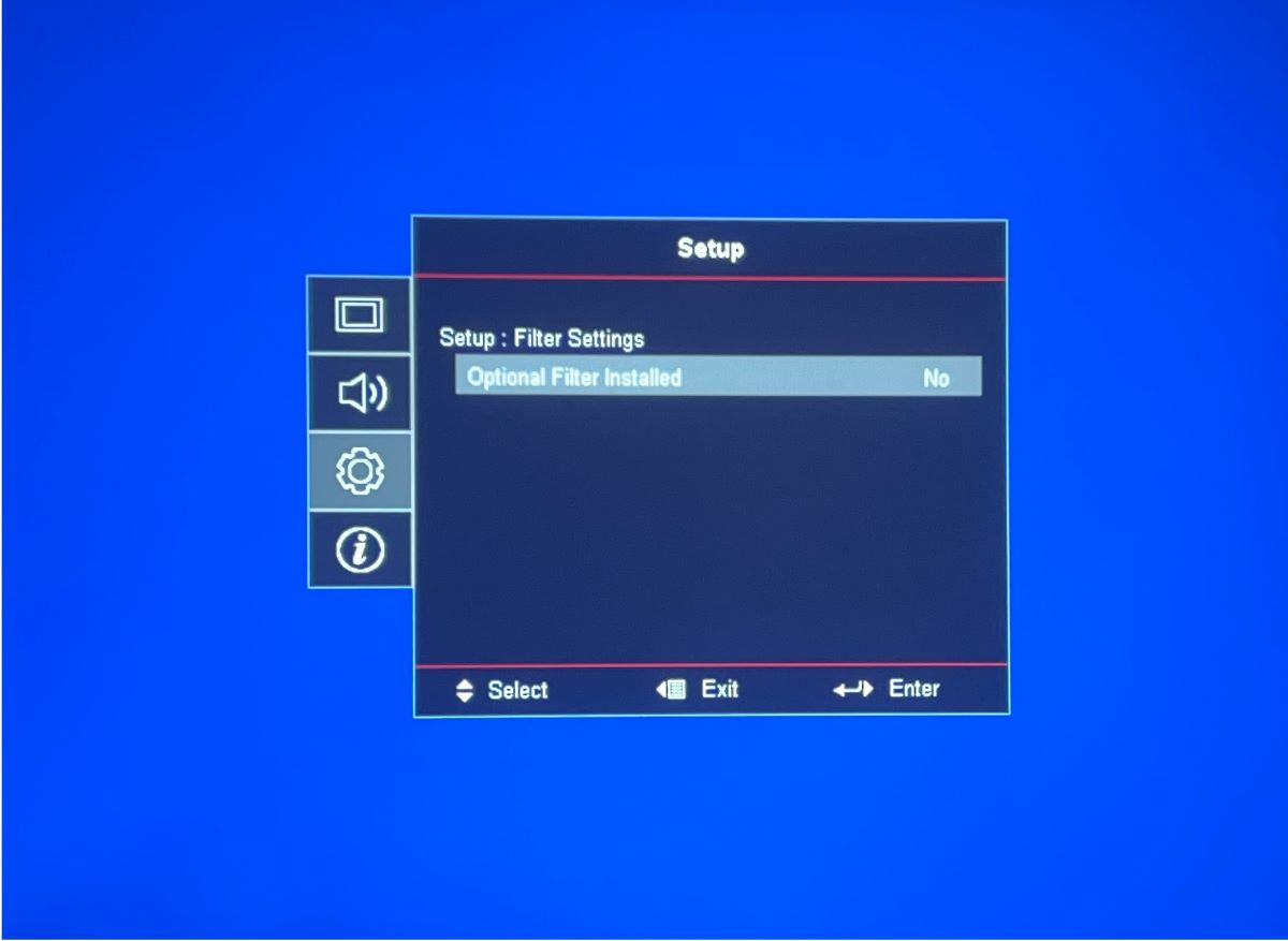 The Optoma Filter Installed is disabled
