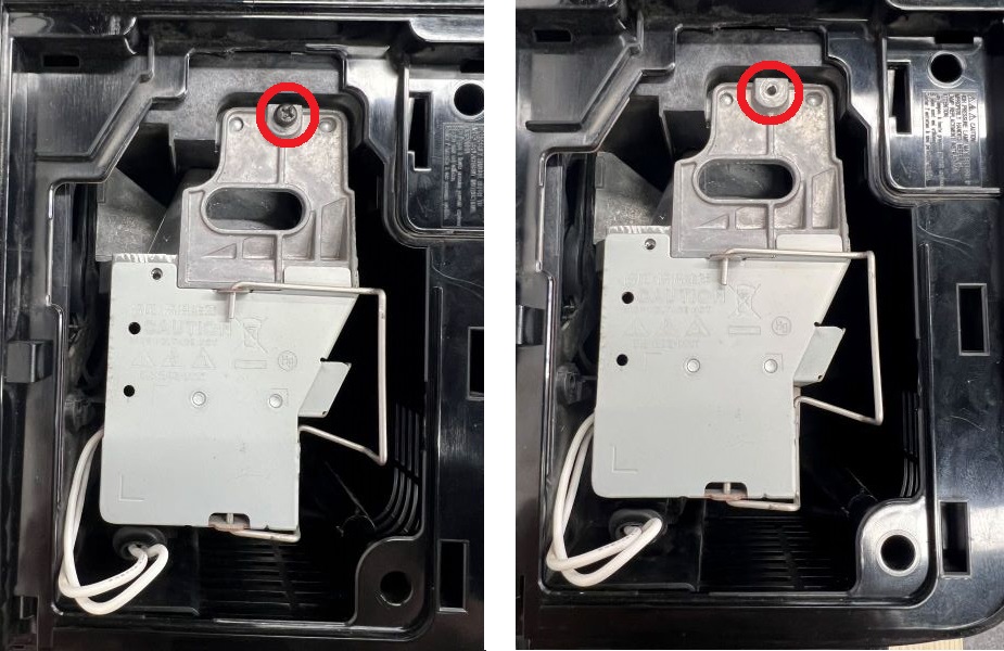The light bulb of the Optoma projector is being secured by a screw the image is before and after the screw is removed