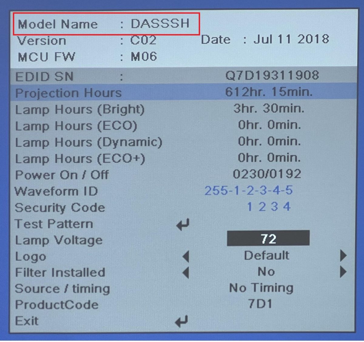 The service menu of the Optoma projector showing the model name is DASSSH