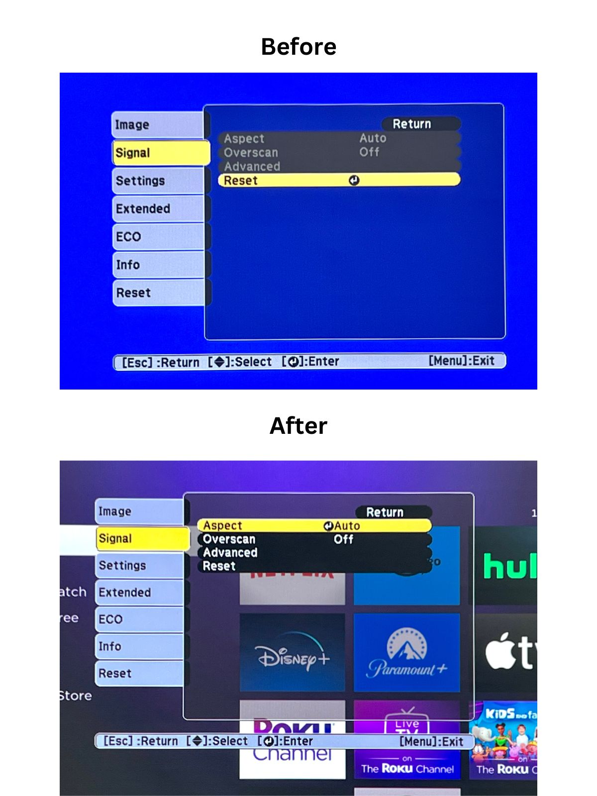 aspect ratio option before and after plugging a roku player into an epson projector
