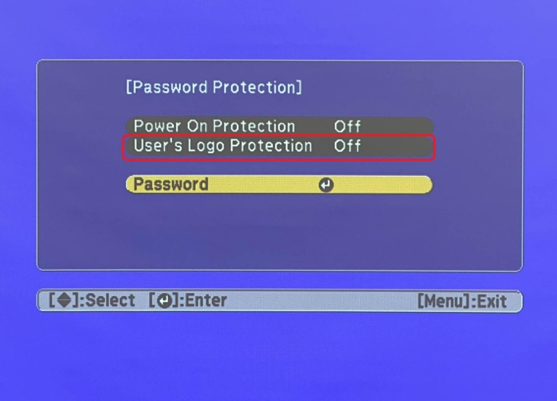 highlighted User's Logo Protection option in Epson projector Password Protection settings