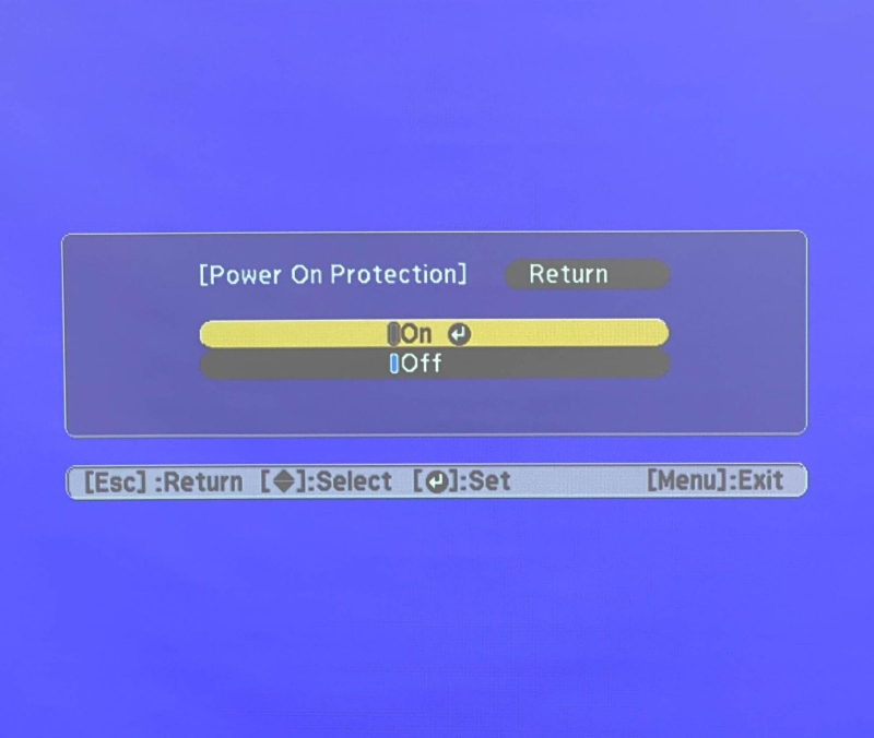 set Epson projector Power On Protection to Off