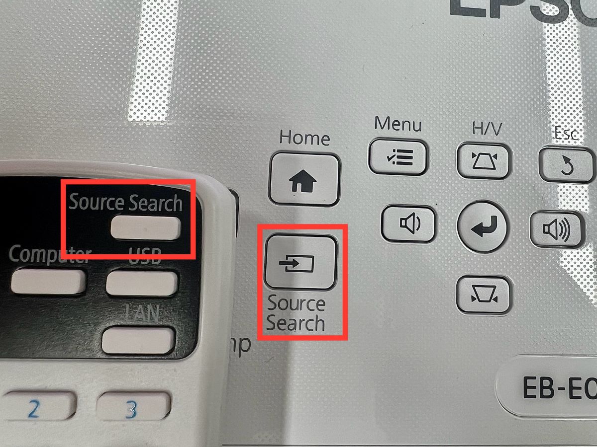 source search buttons are highlighted on an epson projector panel and its remote