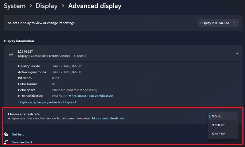 165Hz refresh rate option is shown in Windows 11 Advanced display setting