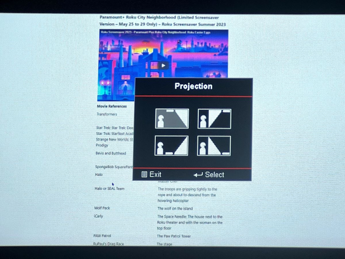 4 projection modes of an optoma projector, the first one is chosen