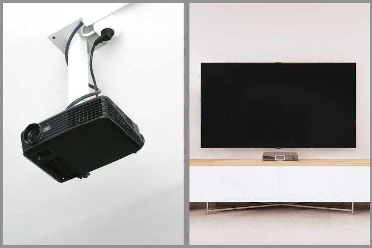 A black TV and a hanging black projector