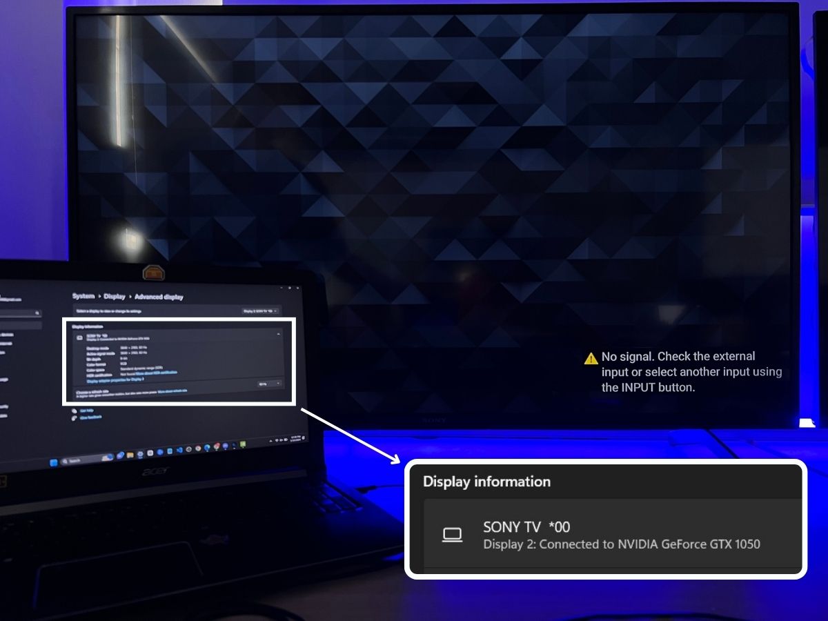 A laptop is connected to Sony TV and No Signal appears