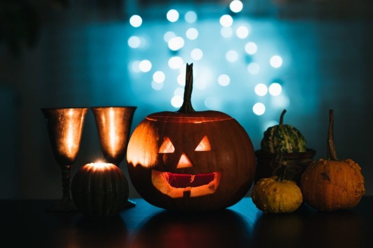 A set of Halloween decor in the dark