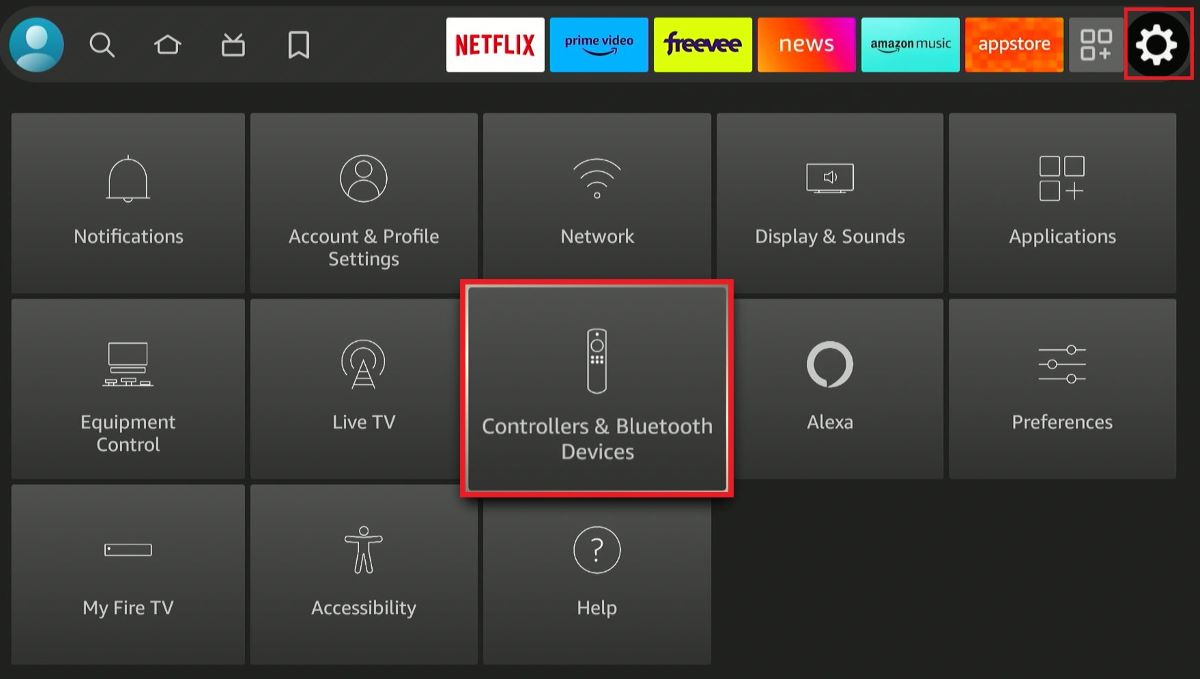 Controllers & Bluetooth Devices from the settings control panel on Fire TV