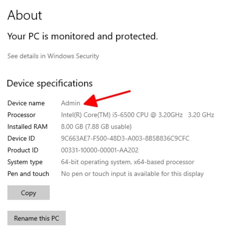 Device name is Admin in Windows laptop About