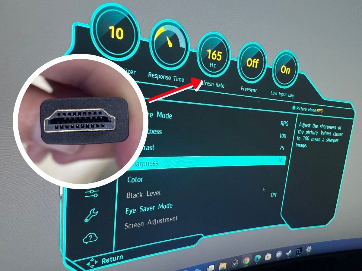 HDMI port and a 165Hz refresh rate on monitor OSD