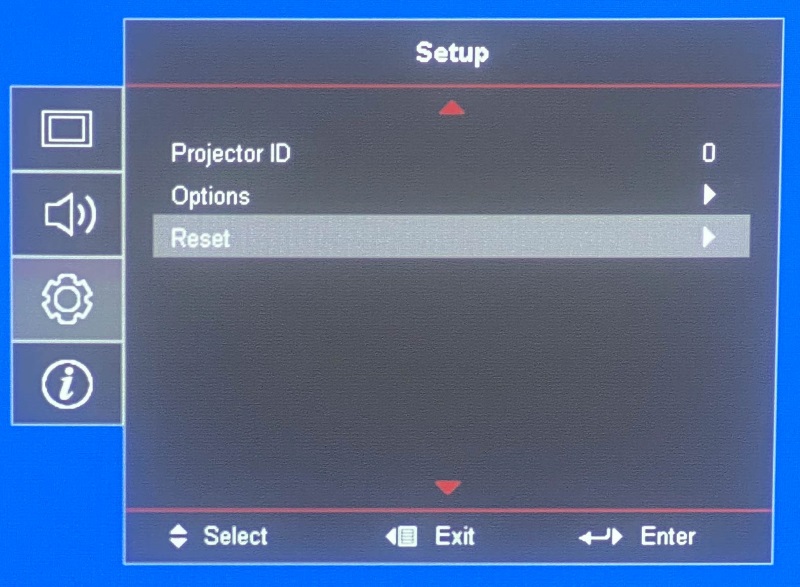 Reset option in Optoma projector Setup menu