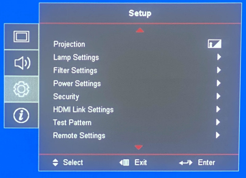 Setup menu on Optoma projector