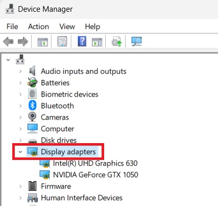 The display adapters settings on Windows computer
