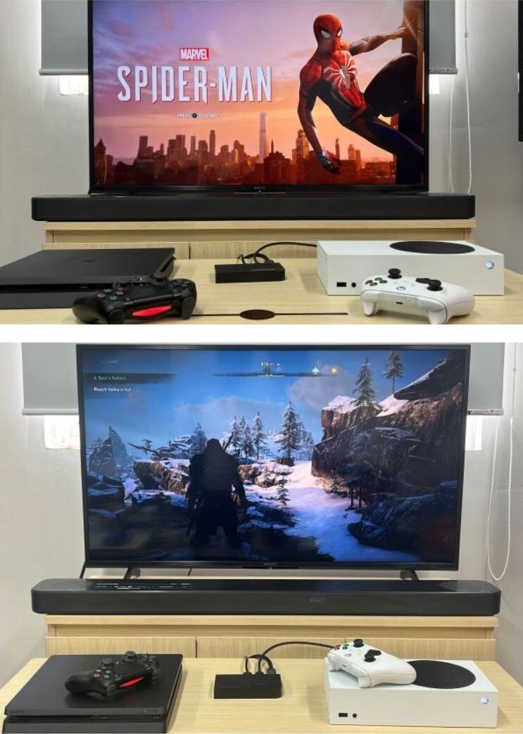 The image showing spider-man game on top and assassin creed at the bottom using HDMI Switch to connect the PS4 console and Xbox console to Sony TV