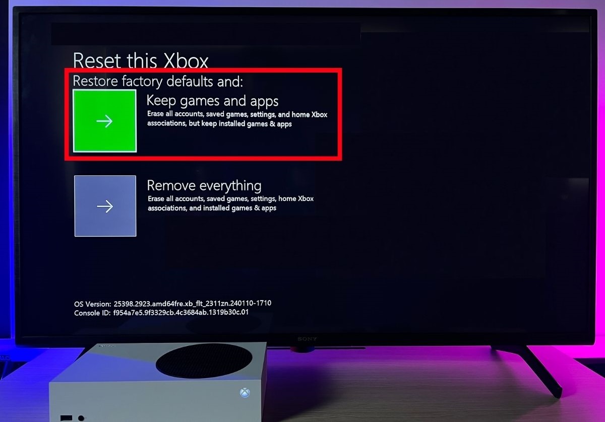 The option keep apps and games on Xbox Series S