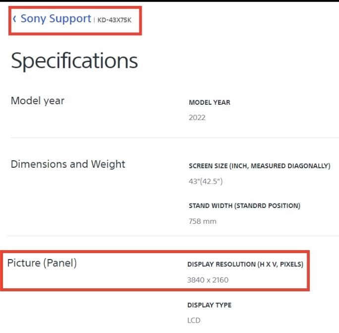 The specification of a Sony TV with maximum resolution