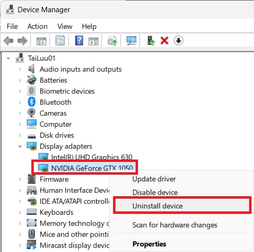 The uninstall device driver on Windows computer
