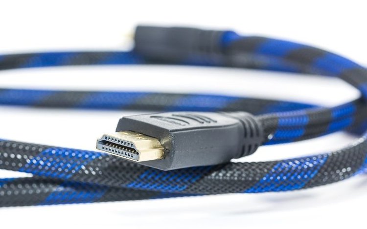 a black-and-blue HDMI cable