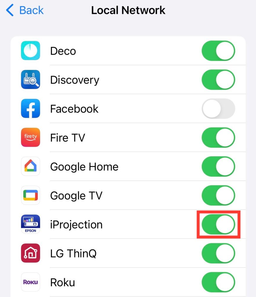 allow local network access of iprojection app on an iphone