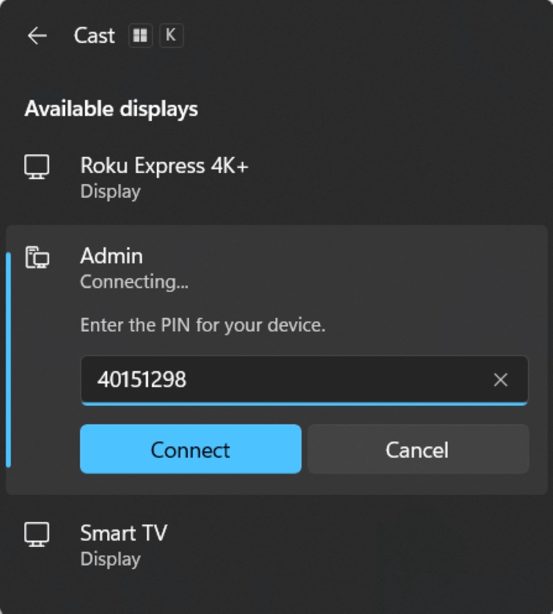 enter a Code to connect a wireless display in Windows Cast settings