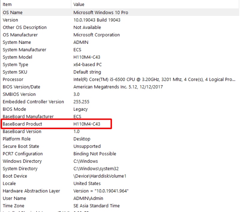 highlighted BaseBoard Product in Windows PC System Information