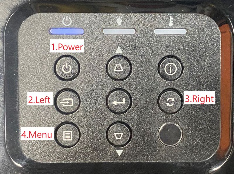 labeled Power, Left, Right, and Menu buttons on the Optoma control panel