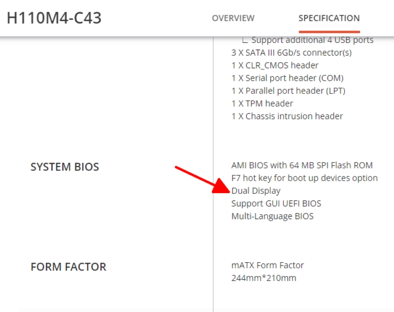 pointing to the Dual Display option of a mainboard H110M4-C43 specifications
