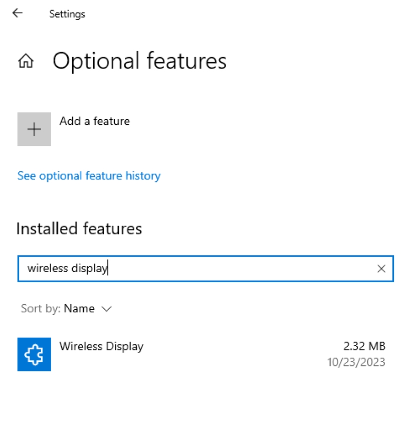 search for wireless display in Windows Installed features section