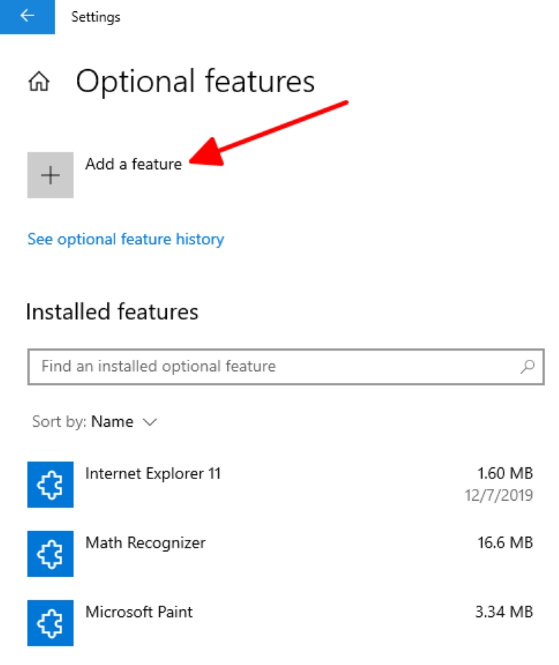 select Add a feature in Windows Optional features settings